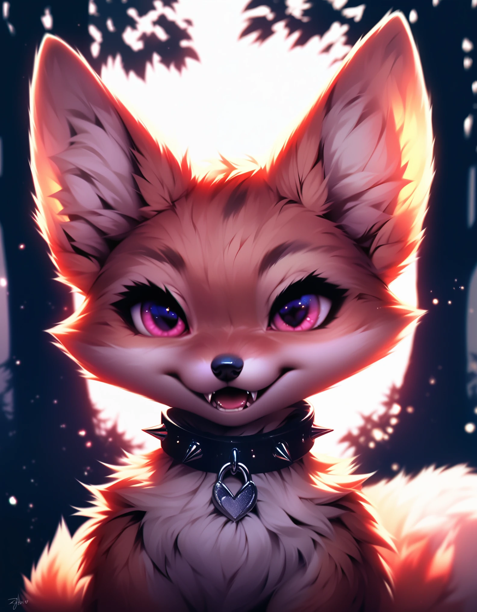 score_9, score_8_up, score_7_up, score_6_up, rating safe, source furry, vulpera, female, solo, cute expression, multicolored body, black nose, cute fangs, pink eyes, spiked collar, detailed background, forest, night, front view, grey fur