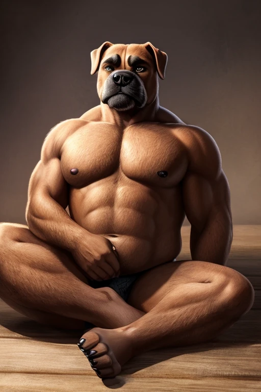 muscular sweaty chubby anthropomorphic black bulldog sitting on the floor, cross-legged, one leg up, arms up, smiling. close-up: armpits, sweaty wet feet paws, paw pads, feet claws, wet fur, drops of sweat. photo realistic style, masculinity. semi-darkness, soft light, dog shaped paws, dog paws