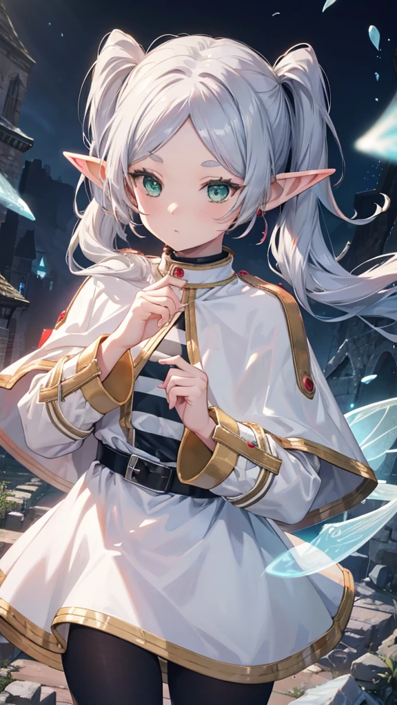 8k, high quality, High resolution, Realistic, Attention to detail, Highly detailed face, ((masterpiece)),
((Freeze Base)), Beautiful girl, (Flat body), Fairy, Pointed Ears, Gray Hair, (Long twin tails), Green Eyes, staff,
White Capelet, Striped shirt, White Skirt, Long sleeve, belt, Black Pantyhose, White Cape, magic, magic circle, (Shabby ruins), Medieval village, Attractive pose,Hold the spellbook and cast magic