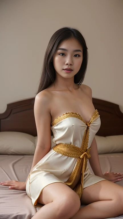 beautiful girl,Wear Thai dress with shoulder opening,Sitting for a sexy photo shoot,on the bed
