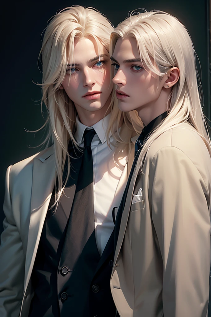 2 men standing facing each other. A tall, handsome, statuesque, courageous young man is platinum blond, he has tanned skin, long straight platinum hair, blue eyes, he is dressed in an expensive suit, he is facing another young man, he has long straight platinum hair, long bangs, green eyes, he is dressed in rocker clothes. Masterpiece, detailed study of the face, beautiful face, beautiful facial features, perfect image, realistic shots, detailed study of faces, full-length image, 8k, detailed image. an extremely detailed illustration, a real masterpiece of the highest quality, with careful drawing.