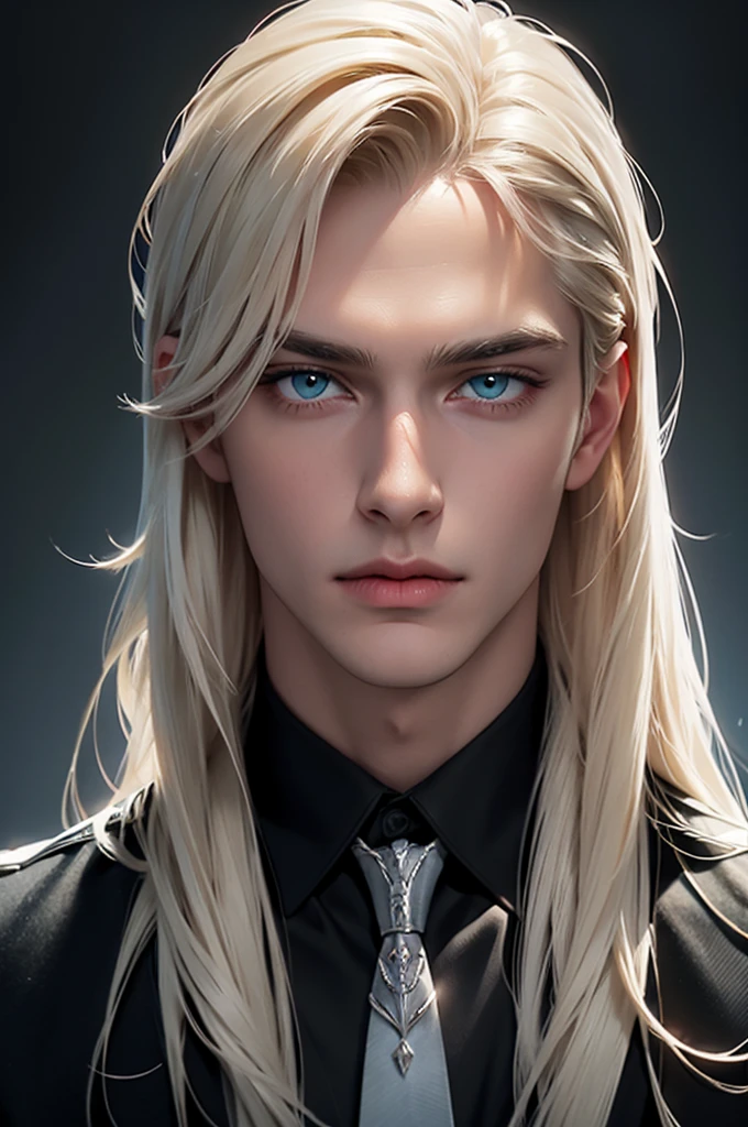 2 men standing facing each other. A tall, handsome, statuesque, courageous young man is platinum blond, he has tanned skin, long straight platinum hair, blue eyes, he is dressed in an expensive suit, he is facing another young man, he has long straight platinum hair, long bangs, green eyes, he is dressed in rocker clothes. Masterpiece, detailed study of the face, beautiful face, beautiful facial features, perfect image, realistic shots, detailed study of faces, full-length image, 8k, detailed image. an extremely detailed illustration, a real masterpiece of the highest quality, with careful drawing.