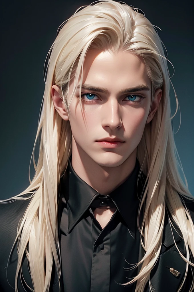 2 men standing facing each other. A tall, handsome, statuesque, courageous young man is platinum blond, he has tanned skin, long straight platinum hair, blue eyes, he is dressed in an expensive suit, he is facing another young man, he has long straight platinum hair, long bangs, green eyes, he is dressed in rocker clothes. Masterpiece, detailed study of the face, beautiful face, beautiful facial features, perfect image, realistic shots, detailed study of faces, full-length image, 8k, detailed image. an extremely detailed illustration, a real masterpiece of the highest quality, with careful drawing.