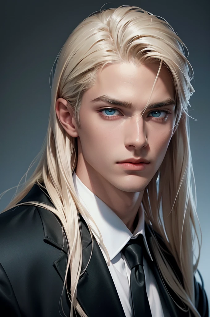 2 men standing facing each other. A tall, handsome, statuesque, courageous young man is platinum blond, he has tanned skin, long straight platinum hair, blue eyes, he is dressed in an expensive suit, he is facing another young man, he has long straight platinum hair, long bangs, green eyes, he is dressed in rocker clothes. Masterpiece, detailed study of the face, beautiful face, beautiful facial features, perfect image, realistic shots, detailed study of faces, full-length image, 8k, detailed image. an extremely detailed illustration, a real masterpiece of the highest quality, with careful drawing.