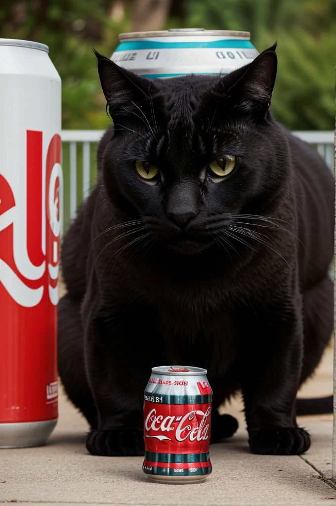 A big black cat hissing and looking angry at human for Coca-Cola's cans which he considers his property