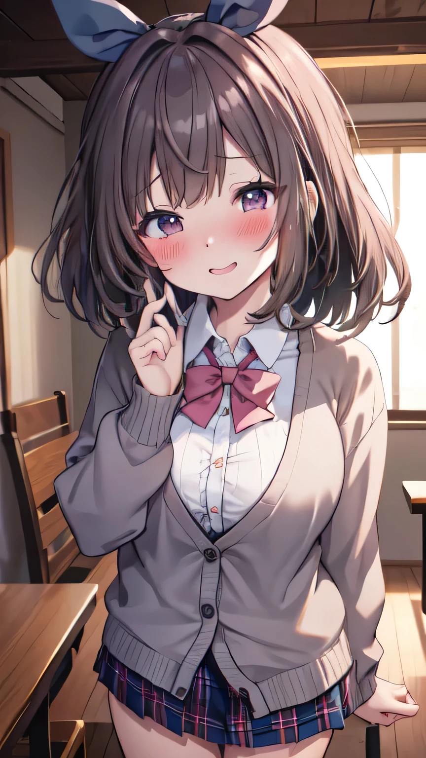 Very detailed、(8k, RAW Photos, highest quality, masterpiece:1.2), (Very detailed 8k wallpaper),shape、Professional Lighting,Sharp focus, Written boundary depth、
Browsing Caution、Clear Eyes、Perfect Anatomy、With a girl、12 years old、Black Hair、Big Breasts、(blush:1.5)、、(Light pink cardigan:1.2)、White collar shirt、bow tie 、Tartan check micro mini skirt、、、,、imminent kiss,Accentuate your thighs、