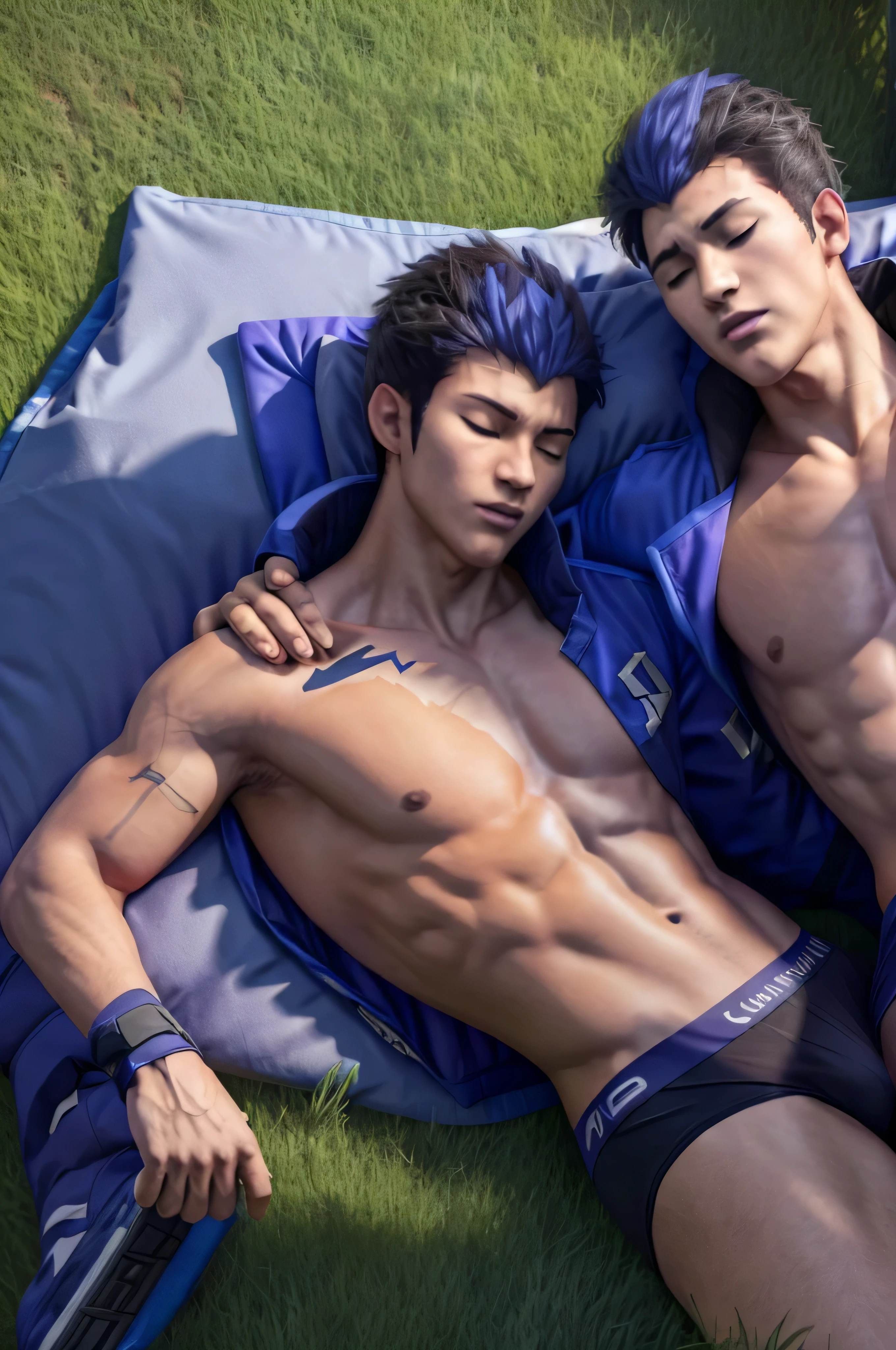 2 guys sleeping together, ((1 guy, yoru valorant), laying in grass, sleeping, shirtless, fully shirtless, jacket, calvin Klein underwear),
((1 guy, yoru valorant), laying in bed, shirtless, calvin Klein underwear)
