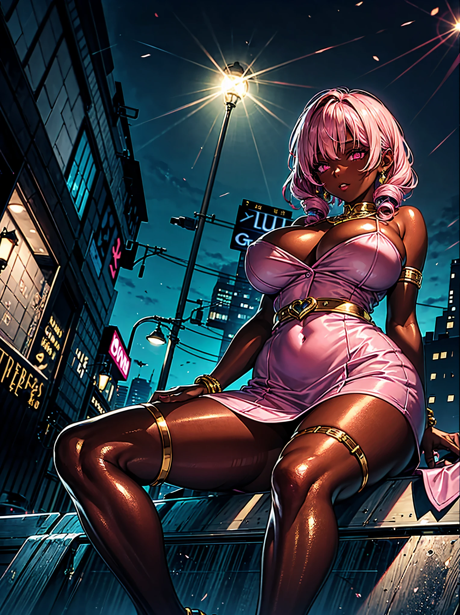 lustrous dark skin, oily skin, reflecting light, shiny effect, glistening gold, gold thigh garters, armlet, contrasting belt, glowing evil pink eyes, big bust, short pink hair, light pink dress, hair drills, broad hips, sitting on the street curb, view from below, upskirt, night city, streetlights, hot girl, ample cleavage