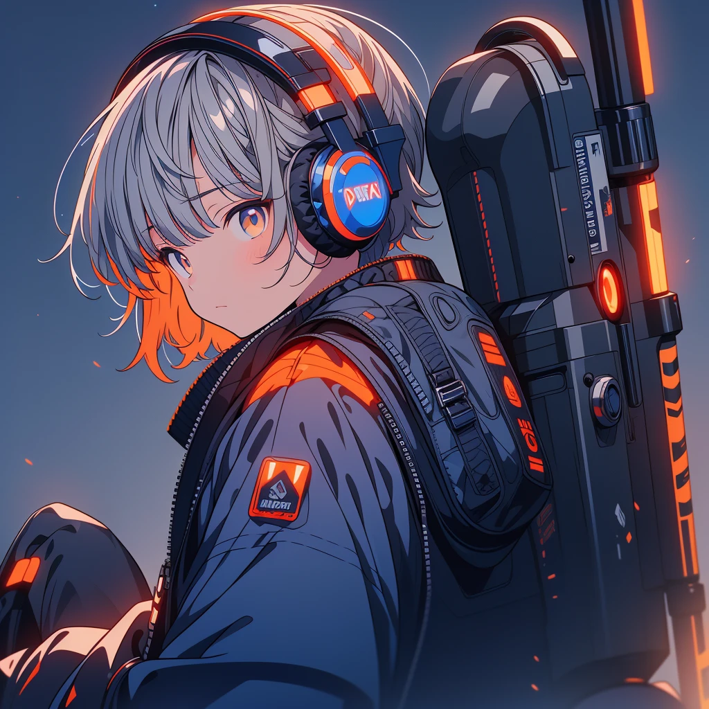 picture facing the viewer、1 teenager、handsome face、Ultra-detailed eye、shortcut、highest quality、masterpiece、official art、8k,cowboy shot、picture facing the viewer、gray hair、Blue base with orange highlights、Headphones glowing fluorescent orange、cyber punk、Spacesuit、Laser gun on the back、