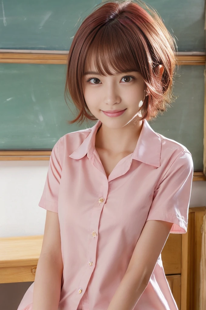 (best quality,4k,8k,highres,masterpiece:1.5),(ultra-detailed,realistic,photorealistic,photo-realistic:1.37),portrait,(looks ultra young Japanese girl,Incredibly Ultra Slim body:2.0),(cute breasts:1.25),(mesmerizingly beautiful face:1.5),(Close-up of her eyes:2.0+++),(striking features,ultra cute and idol-like big smile:1.5),(distinctly expressive ultra beautiful eyes:2.0),beautifully shaped eyebrows,captivating gaze,delicately curved pink lips,natural rosy cheeks,vibrant charm,flawless and fair skin,subtle shading,realistic rendering,(She is wearing a summer junior high school uniform:1.5),(light pink shirt:1.5).(She has dark red hair:1.5),(ultra short hair:1.5),gently swaying,golden rays of sunlight gently illuminating the scene,elegant and graceful posture,creating a tranquil and serene atmosphere. She's in the classroom.