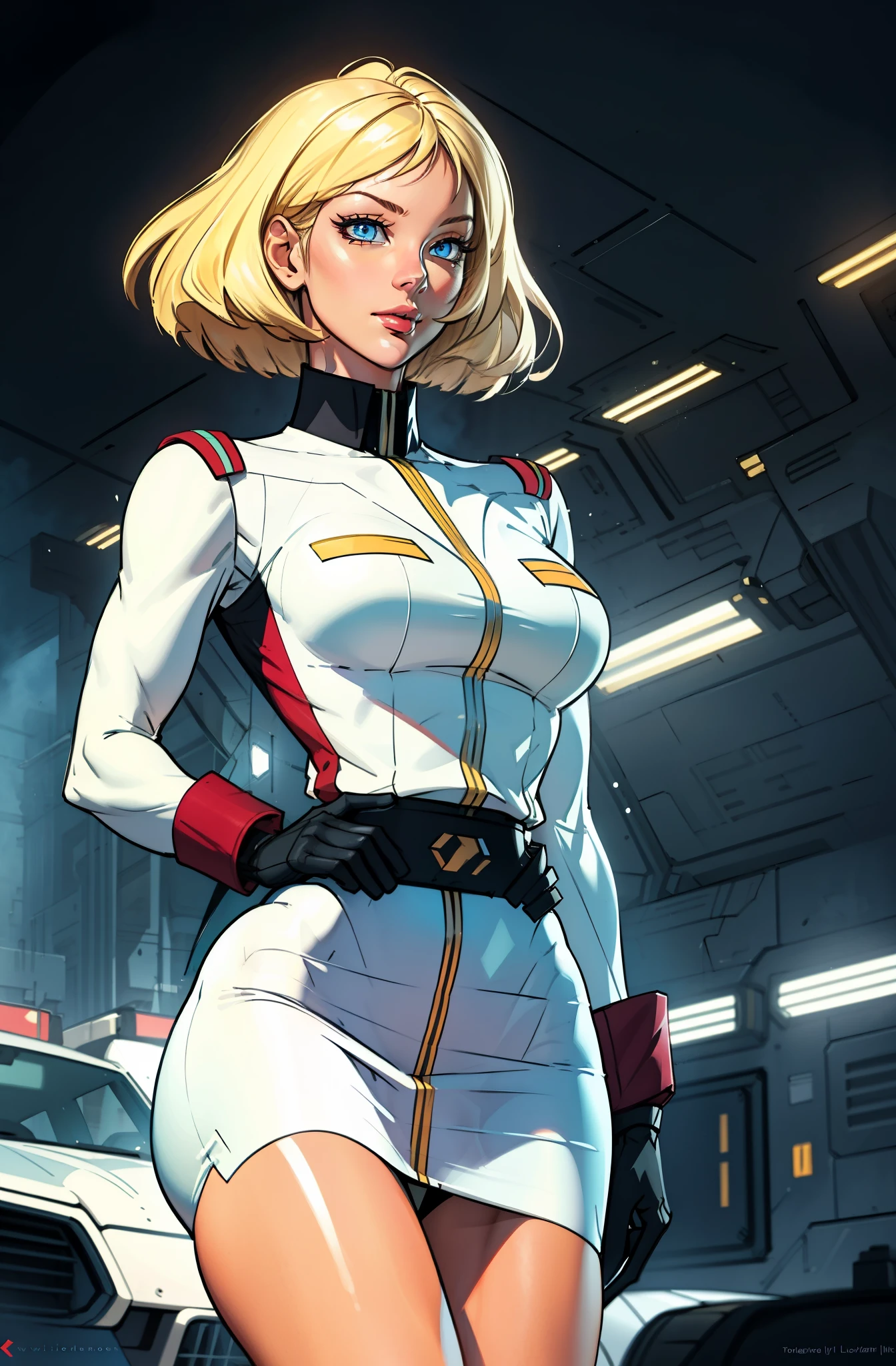 ((masterpiece)), ((cinematic lighting)), realistic photo、Real Images、Top image quality、1girl in, sayla mass, Elegant, masterpiece, Convoluted,Ultra mini skirt、wide hips, fit thighs, Best Quality, absurderes, high face detail, Perfect eyes, mature, Cowboy Shot, , Vibrant colors, White uniform, Skirt,
