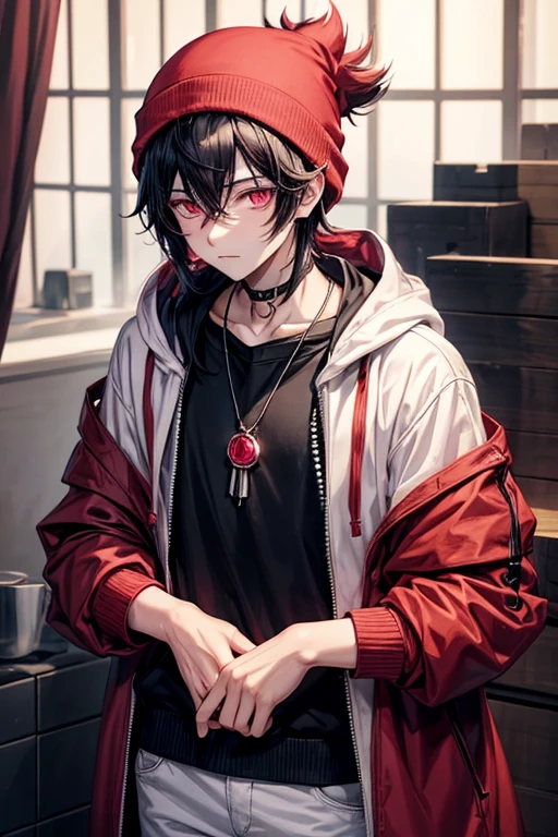 1boy, anime boy, fluffy black hair that reaches to his shoulders, beanie, light rose-pink eyes, pale skin, dark red hoodie with a ruby pendant around his neck, soft but somber expression