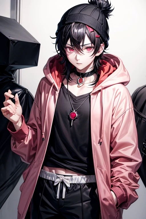 1boy, anime boy, fluffy black hair that reaches to his shoulders, beanie, light rose-pink eyes, pale skin, dark red hoodie with a ruby pendant around his neck, soft but somber expression