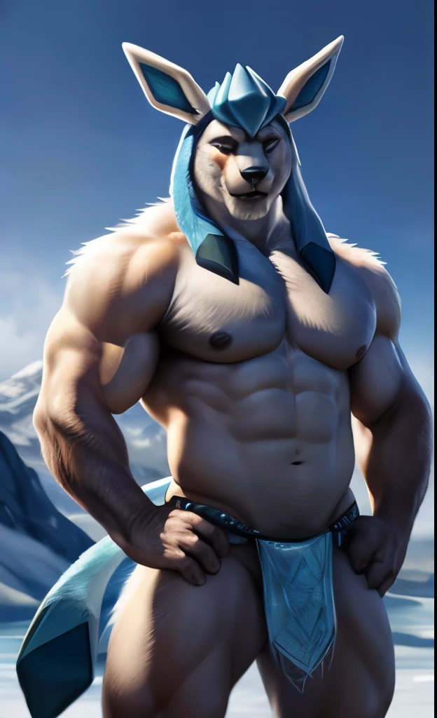 (((Glaceon))), pokemon, anthro, full body shot, (topless), ((loincloth)), male, solo, adult, big biceps, muscular thighs, older, ((muscular abs)), ((huge pecs)), ((bodybuilder body)), ((nipples)), (((hands in hips))), beautiful eyes, detailed eyes, detailed muscles, (ice palace background), detailed face, looking at viewer, (glacier background), (seductive face), big muscles, hunk, beefy, by bruteandbrawn, by raccoon21, by darkgem, by personalami, by chunie, by kenket, (intricate, high detail, film photography, soft focus, RAW candid cinema, photorealism, realistic, photorealistic, analog style, subsurface scattering, high details, score_10, masterpiece, best quality, ultra realistic, 8k)
