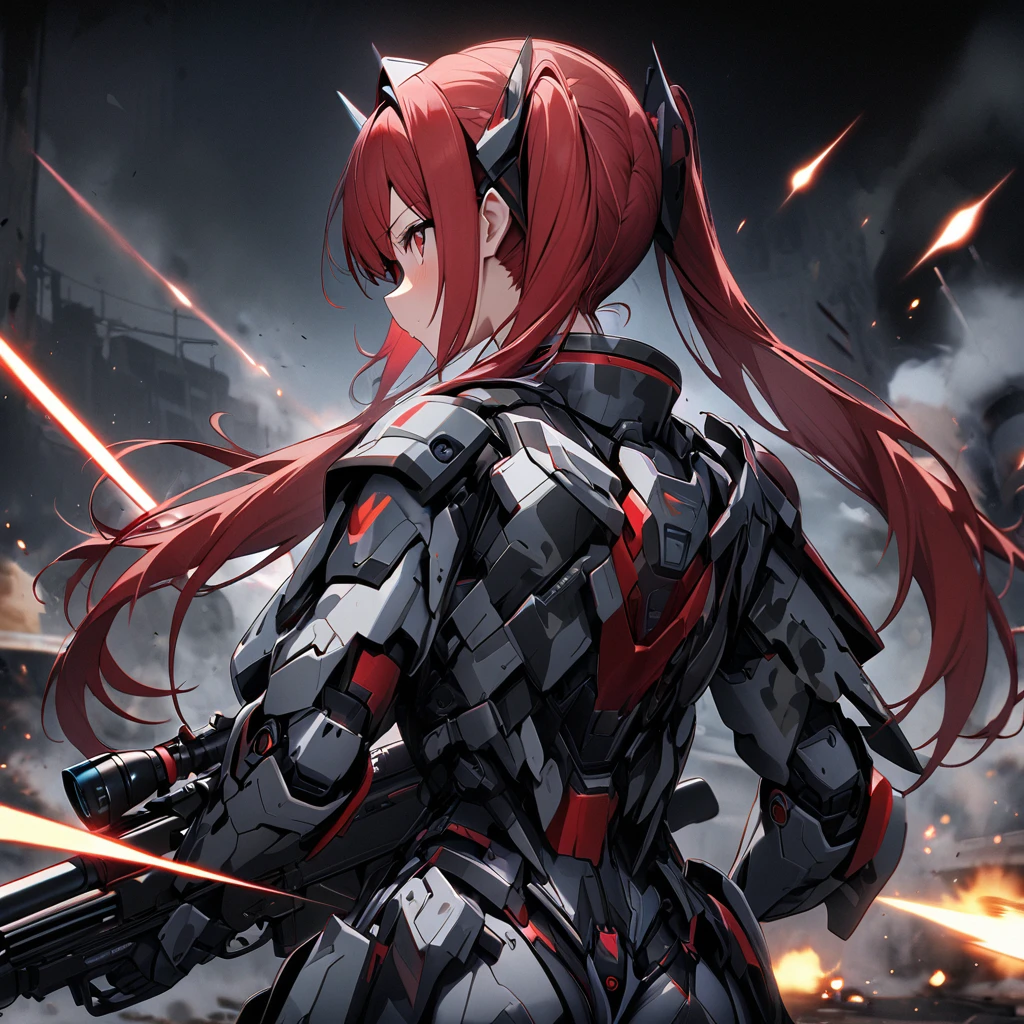 masterpiece,best quality,ultra-detailed,very detailed illustrations,extremely detailed,intricate details,highres,super complex details,extremely detailed 8k cg wallpaper, caustics,reflection,ray tracing,demontheme, anime girls 30 years old, huge sword, fire aura, red hair, mecha huge draon as a pet, fierce, on the knee , full body suit, evil eyes, shining eyes, dominating earth, dragon fist
