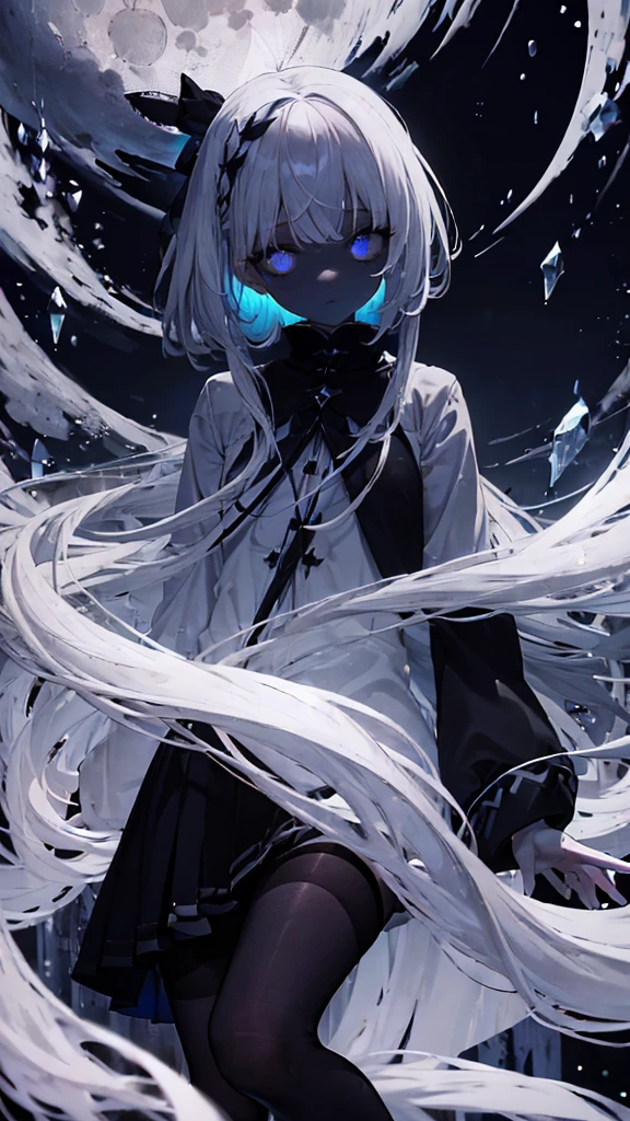 very long white hair、One eye is black、Expressionless、floating girl、Black gradient、Transparent feet、Black and white background、(masterpiece、highest quality)、Short nape hair、1 girl with very short white hair、Black cardigan、Grim expression、Grey Eyes、Warm lighting、 Blurred foreground、Deep in the night、High Contrast、night,snowing,Heavy snowfall,winter,Alone in the vast snowy field,whole body,curse,Facing forward,Huge construction,moon,blue sky,colorful,Shining blue eyes,Shortcuts,Short Hair
