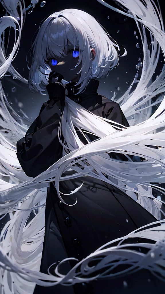 very long white hair、One eye is black、Expressionless、floating girl、Black gradient、Transparent feet、Black and white background、(masterpiece、highest quality)、Short nape hair、1 girl with very short white hair、Black cardigan、Grim expression、Grey Eyes、Warm lighting、 Blurred foreground、Deep in the night、High Contrast、night,snowing,Heavy snowfall,winter,Alone in the vast snowy field,whole body,curse,Facing forward,Huge construction,moon,blue sky,colorful,Shining blue eyes,Shortcuts,Short Hair