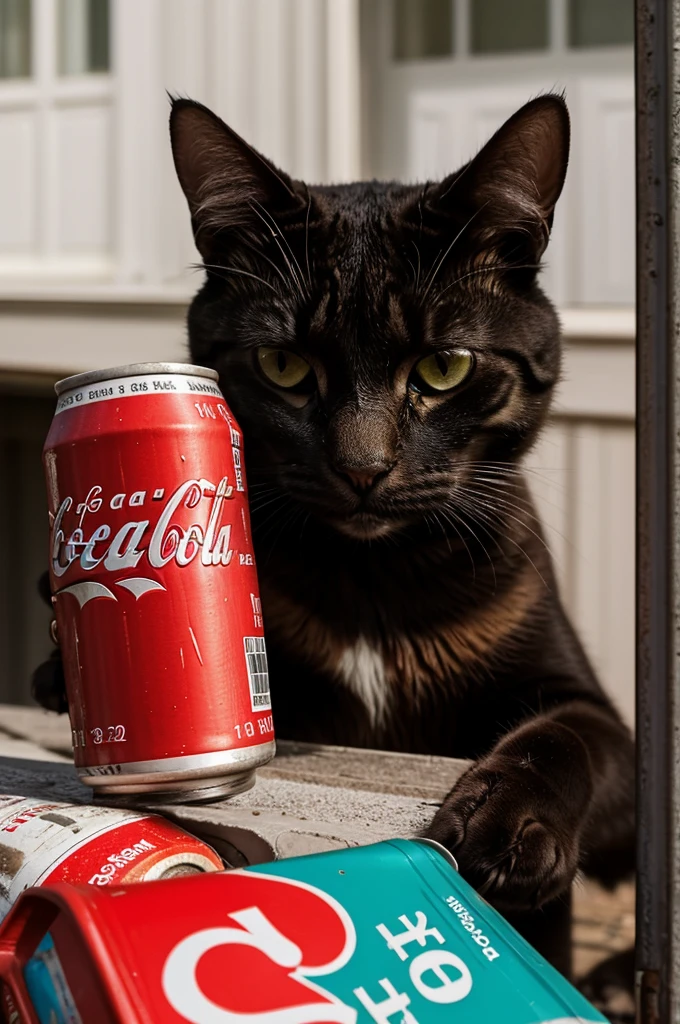 A cat hissing, growling and looking angry at human for Coca-Cola's cans which he considers his property and he's going to defend.