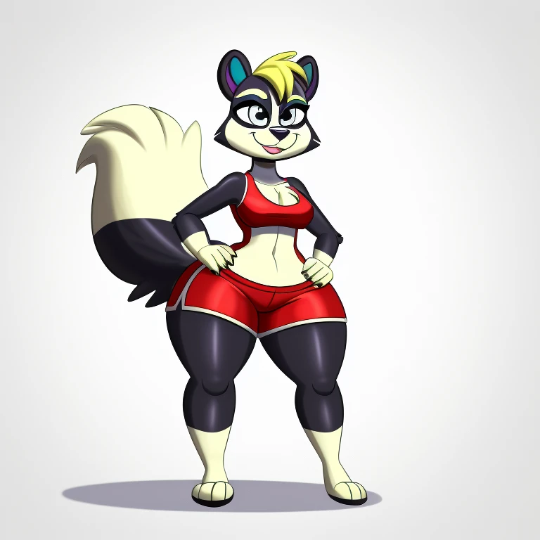 A Sexy black Anthro skunk wearing red shorts and has thick sexy thighs, standing on a Souless, lifeless, position and in a white background and hands on hips, and looking at a Yellow smiley ball on the floor, and in the STARTOONS animation aesthetic