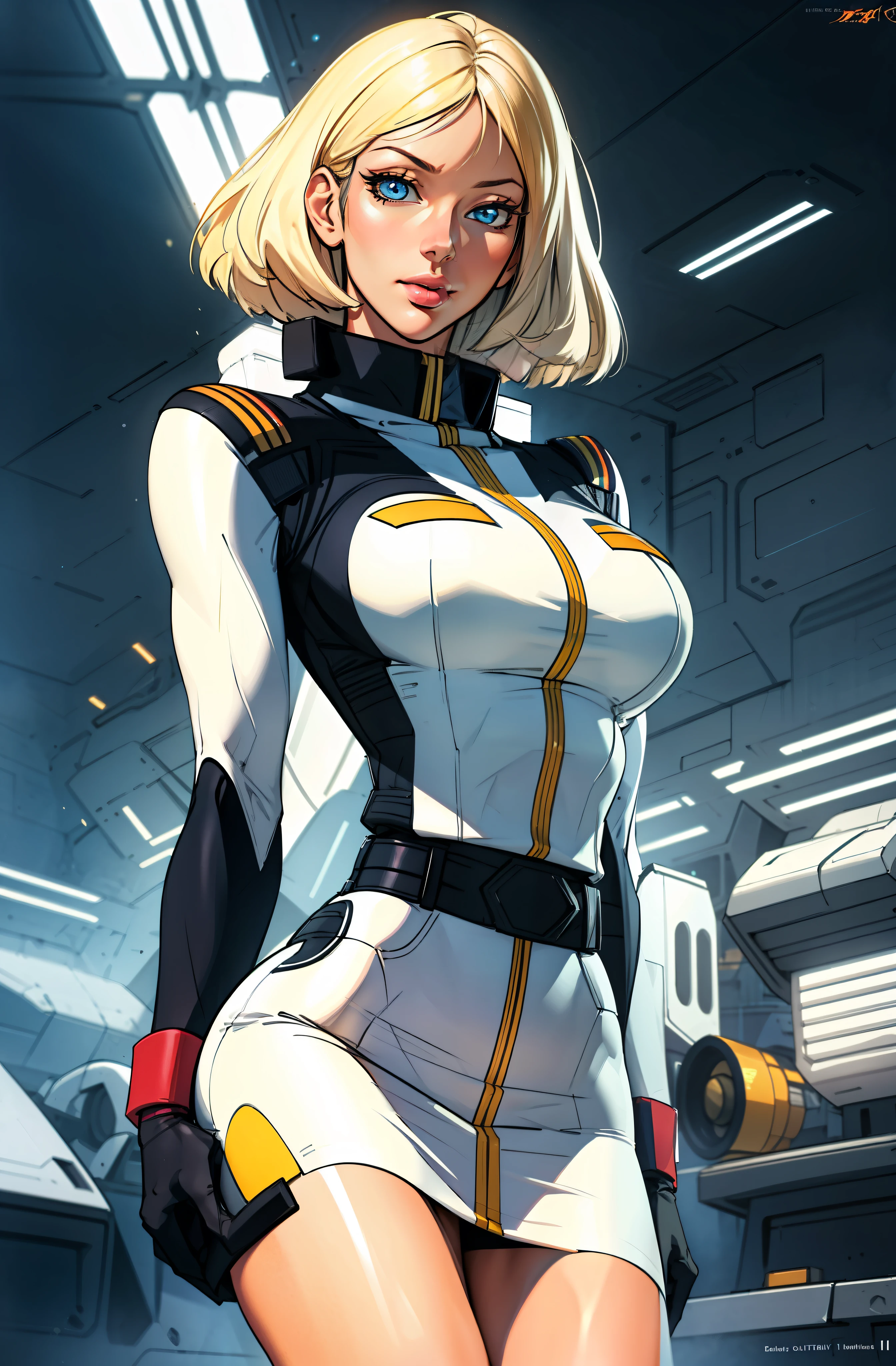 ((masterpiece)), ((cinematic lighting)), realistic photo、Real Images、Top image quality、1girl in, sayla mass, Elegant, masterpiece, Convoluted,Ultra mini skirt、wide hips, fit thighs, Best Quality, absurderes, high face detail, Perfect eyes, mature, Cowboy Shot, , Vibrant colors, White uniform, Skirt,