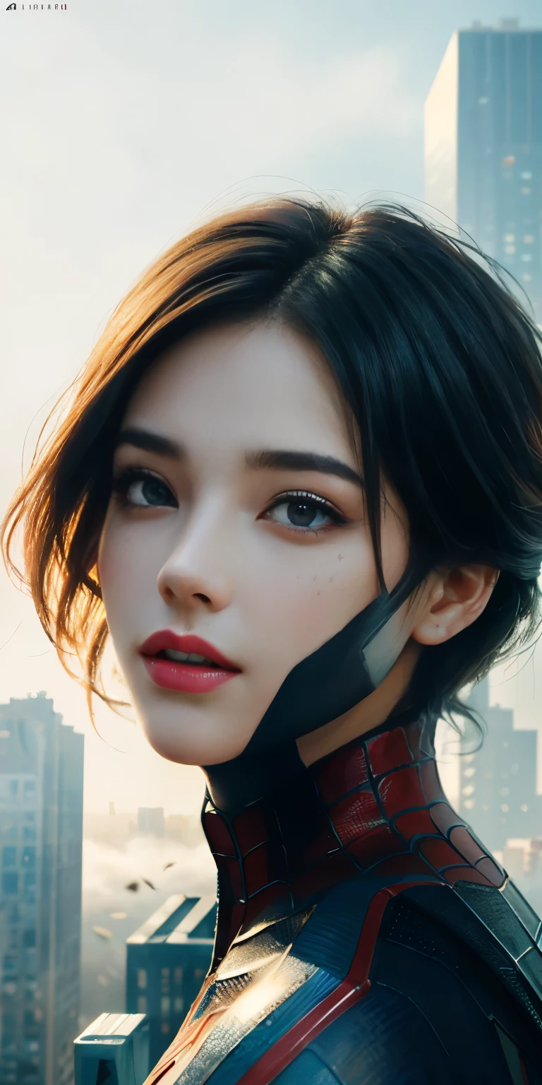Boy:1.3), Solo, (((Very detailed face)))), ((Very detailed eyes and face)))), Beautiful detail eyes, Body parts__, Official art, Unified 8k wallpaper, Super detailed, beautiful and beautiful, beautiful, masterpiece, best quality, original, masterpiece, super fine photo, best quality, super high resolution, realistic realism, sunlight, full body portrait, amazing beauty, dynamic pose, delicate face, vibrant eyes, (from the front), She wears Spider-Man suit, red and black color scheme, spider, very detailed city roof background, rooftop, overlooking the city, detailed face, detailed complex busy background, messy, gorgeous, milky white, highly detailed skin, realistic skin details, visible pores, clear focus, volumetric fog, 8k uhd, DSLR, high quality, film grain, fair skin, photo realism, lomography, futuristic dystopian megalopolis, translucent