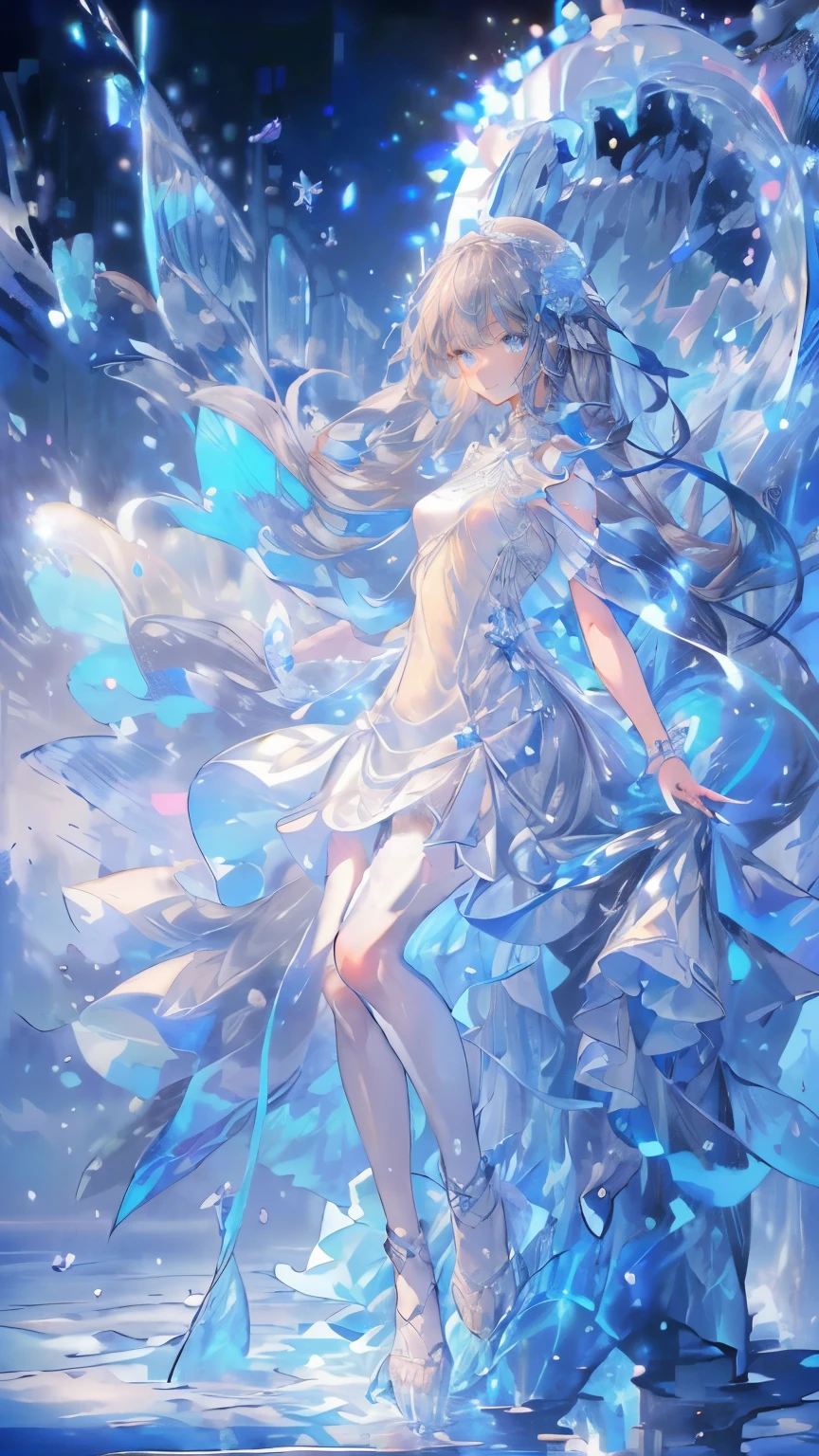 (Piece Fly), (best quality), Very detailed, 1 girl, Perfect face, (Personal full body photo:1.3), Very detailed顔，(Grey hair long hair:1.5)，(blue eyes:1.4)，(On the water:1.4)，（Ice flowers form under your feet：1.3），(White Dress:1.5)，Light，snow，Broken ice，Ice cone splash，(Smile:1.3)