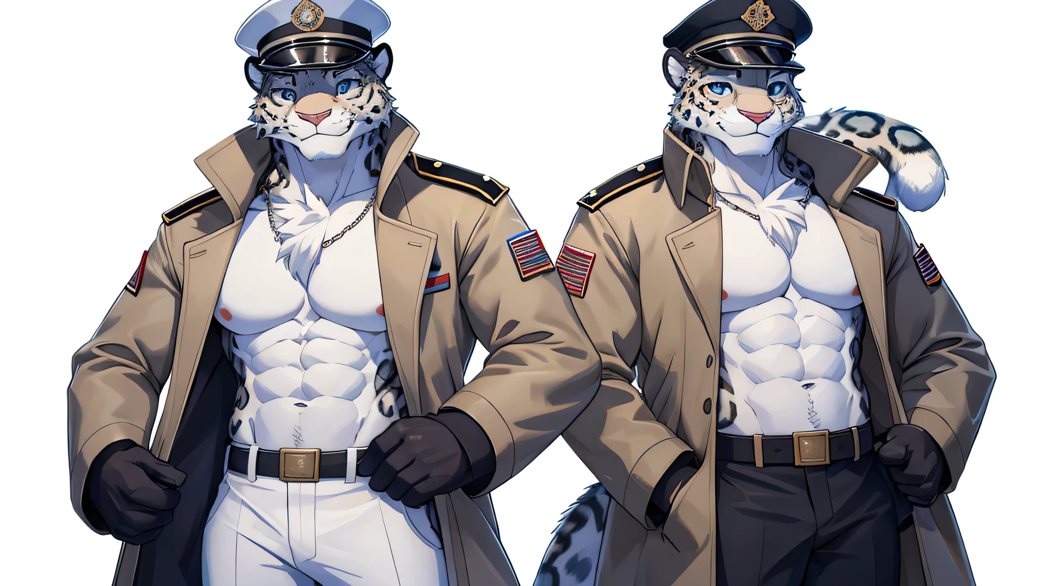 A furry snow leopard is wearing a white military hat, a white coat, and white pants. The left eye of a snow leopard is red, and the right eye is blue. With confidence on his face and a raised nose, he possesses strong chest and abdominal muscles, and a smile on his face. Coordinate body proportions.