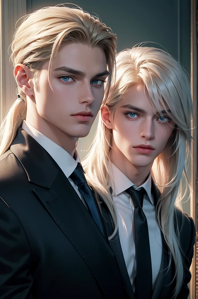 Two men are facing each other. A tall, handsome, statuesque, courageous young man is platinum blond, he has tanned skin, long straight platinum hair, blue eyes, he is dressed in an expensive suit, he is standing in front of another young man, thin, he has long straight platinum hair pulled back in a ponytail, long bangs, green eyes, he is dressed Rocker-style clothes. Different height. Masterpiece, detailed study of the face, beautiful face, beautiful facial features, perfect image, realistic shots, detailed study of faces, full-length image, 8k, detailed image. an extremely detailed illustration, a real masterpiece of the highest quality, with careful drawing.