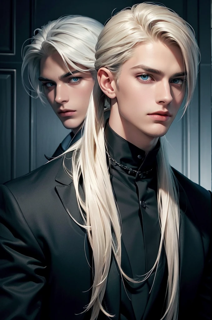 Two men are facing each other. A tall, handsome, statuesque, courageous young man is platinum blond, he has tanned skin, long straight platinum hair, blue eyes, he is dressed in an expensive suit, he is standing in front of another young man, thin, he has long straight platinum hair pulled back in a ponytail, long bangs, green eyes, he is dressed Rocker-style clothes. Different height. Masterpiece, detailed study of the face, beautiful face, beautiful facial features, perfect image, realistic shots, detailed study of faces, full-length image, 8k, detailed image. an extremely detailed illustration, a real masterpiece of the highest quality, with careful drawing.