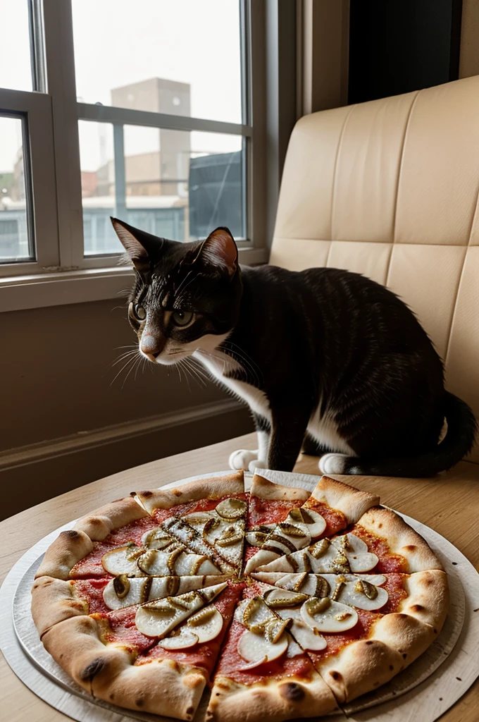 Cats at restaurant. The cats are going to have dinner, a cat is going to share a pizza with kittens.