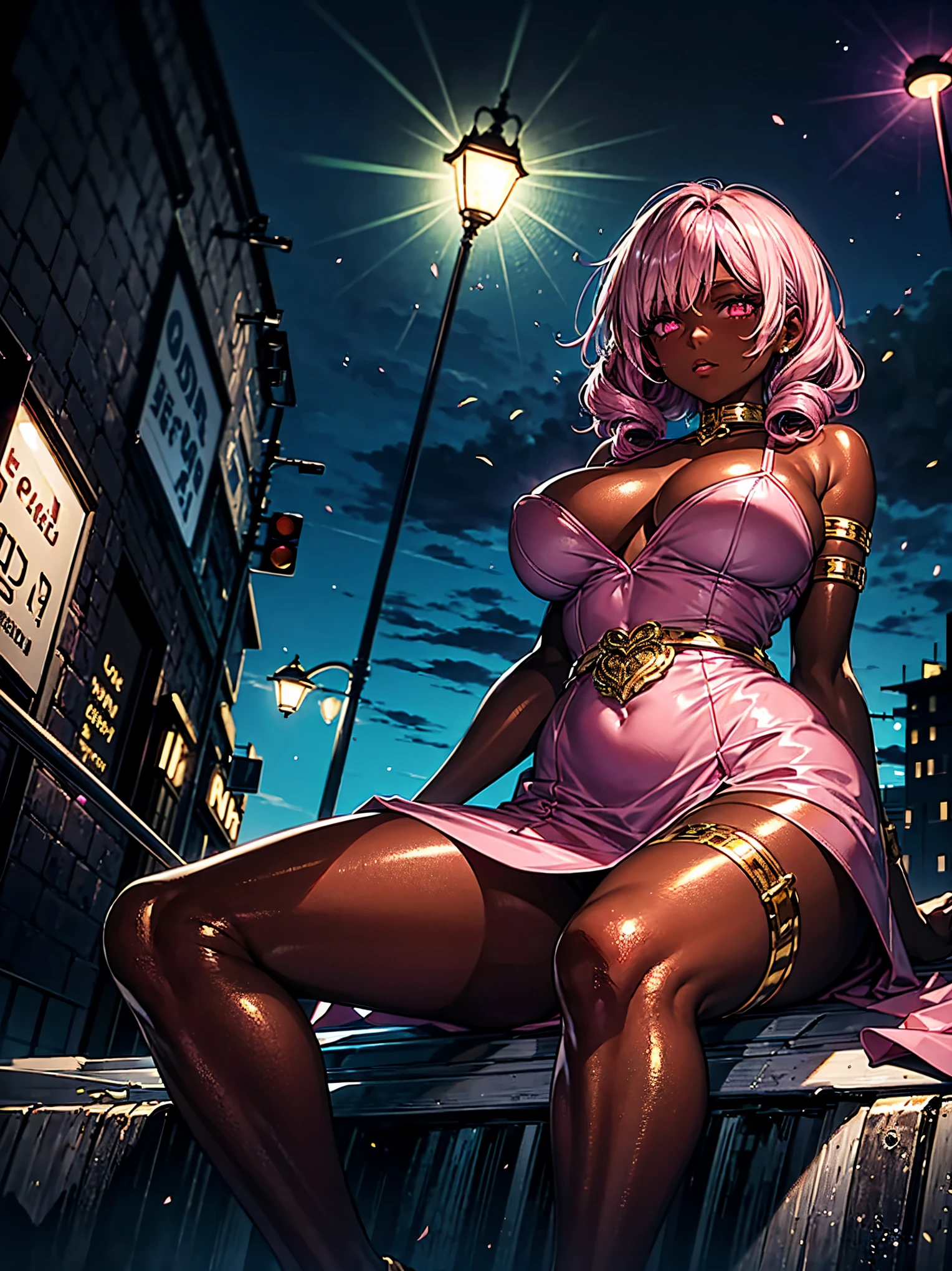 lustrous dark skin, oily skin, reflecting light, shiny effect, glistening gold, gold thigh garters, armlet, contrasting belt, glowing evil pink eyes, big bust, short pink hair, light pink dress, hair drills, broad hips, sitting on the street curb, view from below, upskirt, night city, streetlights, hot girl, ample cleavage