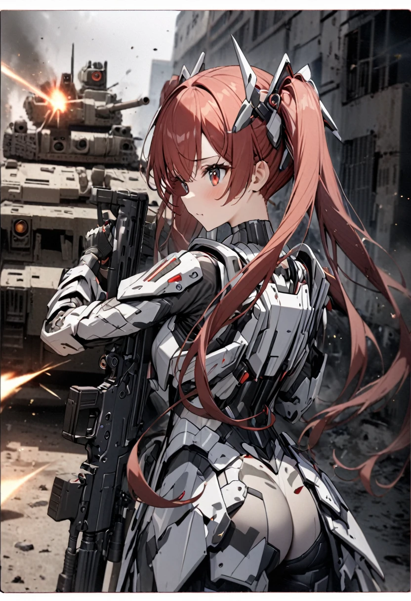 High quality, high definition, hig
h precision images,8k 1Girl Robot Girl、red hair,Twin tails,Red eyes、 ,( white and gray camouflage clothing ),,she wearing flashy robot armor.Holding a urban camouflage long range rifle,firing at a tank、back view
