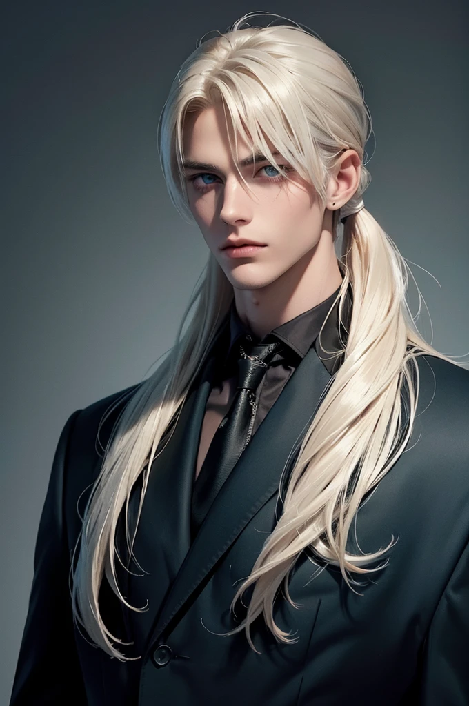 Two men are facing each other. A tall, handsome, statuesque, courageous young man is platinum blond, he has tanned skin, long straight platinum hair, blue eyes, he is dressed in an expensive suit, he is standing in front of another young man, thin, he has long straight platinum hair pulled back in a ponytail, long bangs, green eyes, he is dressed Rocker-style clothes. Different height. Masterpiece, detailed study of the face, beautiful face, beautiful facial features, perfect image, realistic shots, detailed study of faces, full-length image, 8k, detailed image. an extremely detailed illustration, a real masterpiece of the highest quality, with careful drawing.