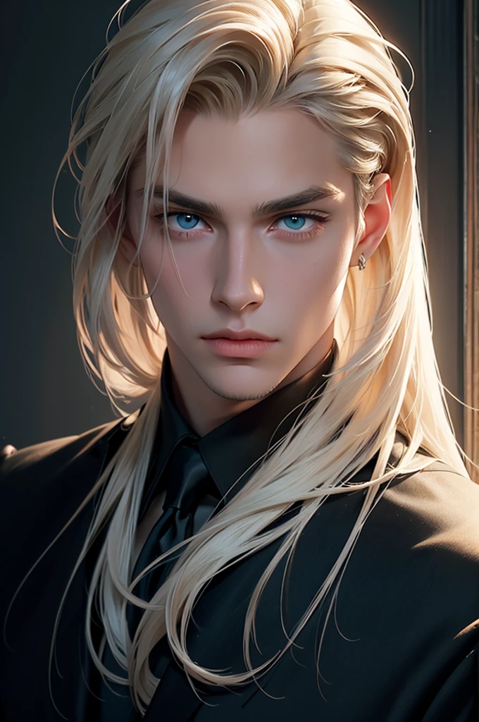 Two men are facing each other. A tall, handsome, statuesque, courageous young man is platinum blond, he has tanned skin, long straight platinum hair, blue eyes, he is dressed in an expensive suit, he is standing in front of another young man, thin, he has long straight platinum hair pulled back in a ponytail, long bangs, green eyes, he is dressed Rocker-style clothes. Different height. Masterpiece, detailed study of the face, beautiful face, beautiful facial features, perfect image, realistic shots, detailed study of faces, full-length image, 8k, detailed image. an extremely detailed illustration, a real masterpiece of the highest quality, with careful drawing.