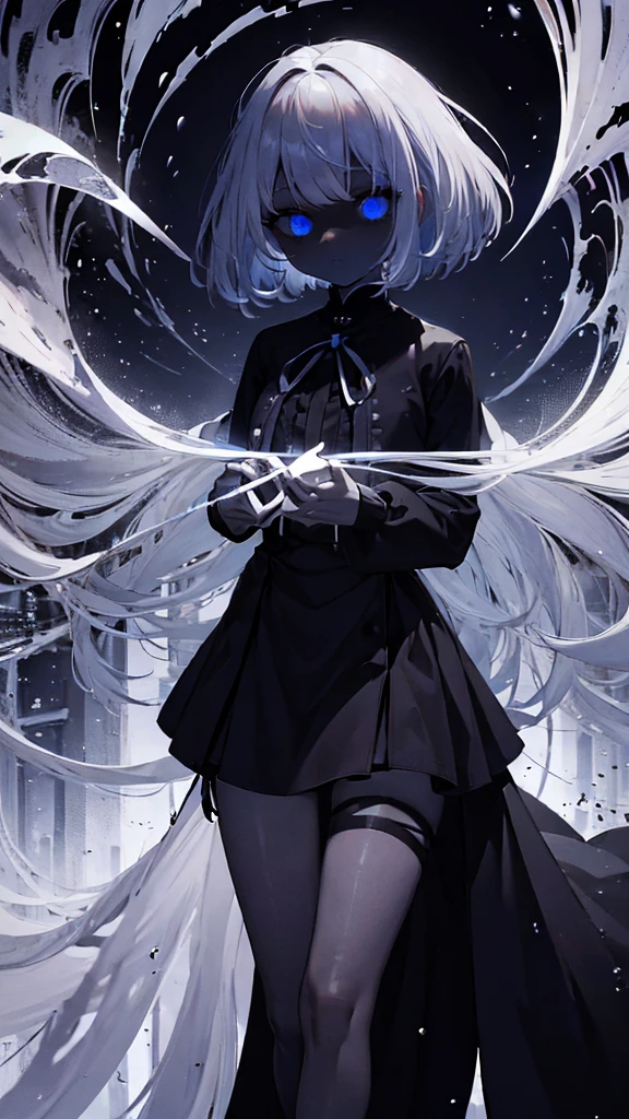 very long white hair、One eye is black、Expressionless、floating girl、Black gradient、Transparent feet、Black and white background、(masterpiece、highest quality)、Short nape hair、1 girl with very short white hair、Black cardigan、Grim expression、Grey Eyes、Warm lighting、 Blurred foreground、Deep in the night、High Contrast、night,snowing,Heavy snowfall,winter,Alone in the vast snowy field,whole body,curse,Facing forward,Huge construction,moon,blue sky,colorful,Shining blue eyes,Shortcuts,Short Hair,Horror,Are standing