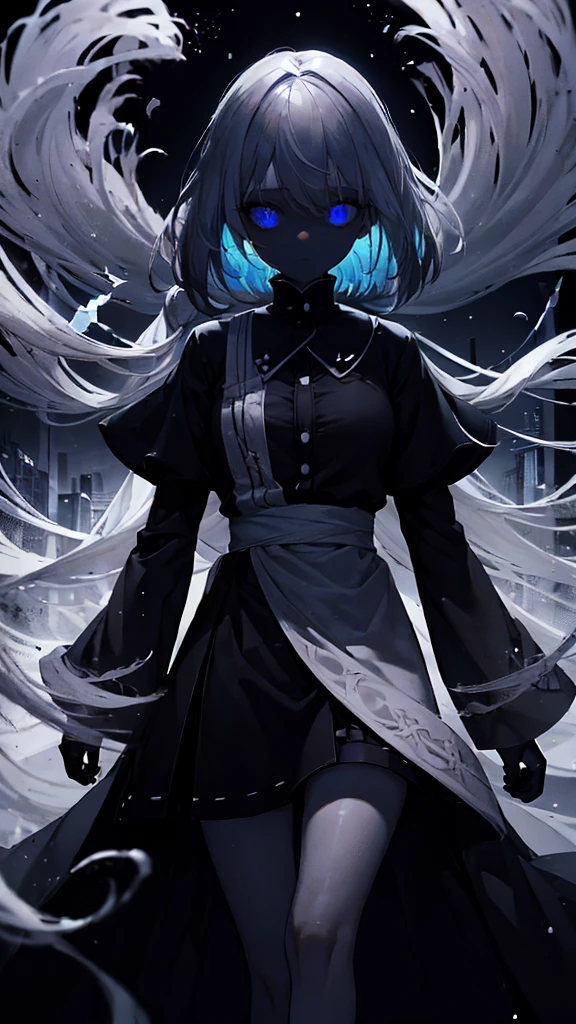 very long white hair、One eye is black、Expressionless、floating girl、Black gradient、Transparent feet、Black and white background、(masterpiece、highest quality)、Short nape hair、1 girl with very short white hair、Black cardigan、Grim expression、Grey Eyes、Warm lighting、 Blurred foreground、Deep in the night、High Contrast、night,snowing,Heavy snowfall,winter,Alone in the vast snowy field,whole body,curse,Facing forward,Huge construction,moon,blue sky,colorful,Shining blue eyes,Shortcuts,Short Hair,Horror,Are standing