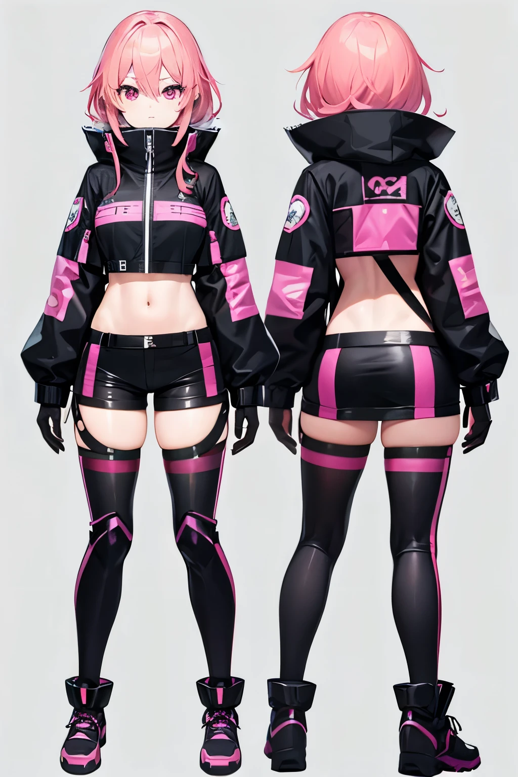 Anime girl model sheet, fair-skinned anime girl with pink eyes and equally pink hair, she wears rebellious Techcore clothes with black and pink, default position, full body model sheet model of the character.