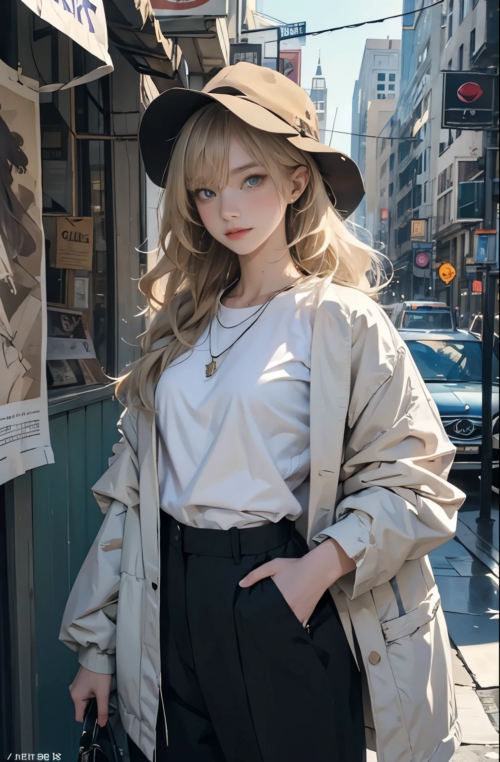 Photo of a beautiful blonde caucasian woman standing on a street corner, perfect model body, Stylish pants style, stylish jacket, colorful purple shirt, stylish hat, very stylish, with influence of Jeremy Mann, Jeremy Mann, style of Jeremy Mann, Jeremy Mann painting, Jeremy Mann art, Ron Hicks, Liebke, Jeremy Mann and alphonse mucha, Works that influenced Edmund Blampid, Robert Lenkiewicz, Casey Bow and James Jean, Willem Kalp(Willem Kalf)Works that influenced, Nick Alm, tumbler, figurative art, intense watercolor, watercolor detail art,Beautiful and expressive drawings, beautiful artwork illustration, very cool, cool beauty, masterpiece, best quality, official art, perfect composition, perfect angle, best shot, perfect topic, women only, clear outlines, romantic, capricious, 매우 beautiful and delicate eyes, beautiful and delicate eyes, ideal animation, sentimental, fly, Montparnasse, enlargement