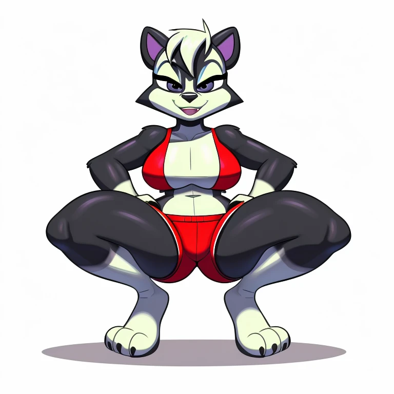 A Sexy black Anthro skunk wearing red shorts and has thick sexy thighs, squatting down on a Souless, lifeless, position and in a white background and hands on hips, and has no facial features, and in the STARTOONS animation aesthetic