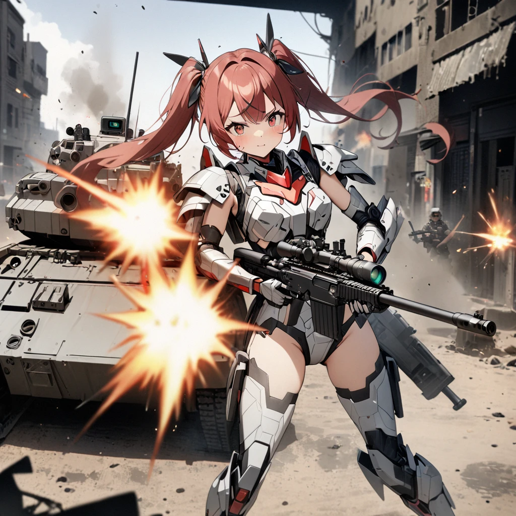 High quality, high definition, hig
h precision images,8k 2 Girl Robot Girl、red hair,Twin tails,Red eyes、 ,( white and gray camouflage clothing ),,she wearing flashy robot armor.Holding a urban camouflage long range rifle,firing at a tank
