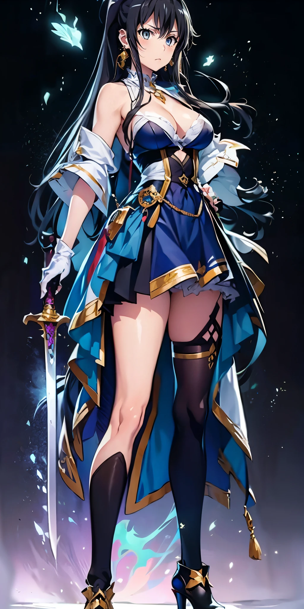 (black hair, long hair:1.3), yukinoshita yukino, curvy, ((anatomically correct:1.3)), heavy breathing, huge breasts, epic art, fantasy, breast press, 1girl, weapon, sword, thighhighs, solo, blue_eyes, breasts, full_body, ponytail, bangs, jewelry, standing, dress, holding_weapon, gloves, holding, short_dress, looking_at_viewer, earrings, long_hair, closed_mouth, cleavage, white_legwear, (shaded face:1.2), hollow eyes, grey eyes, looking at viewer, (heavy breathing:1.2), expressionless, glaring eyes, simple background,