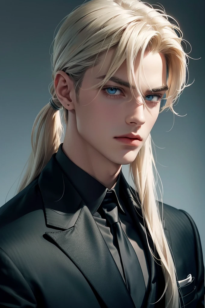 Two men are facing each other. A tall, handsome, statuesque, courageous young man is platinum blond, he has tanned skin, long straight platinum hair, blue eyes, he is dressed in an expensive suit, he is standing in front of another young man, thin, he has long straight platinum hair pulled back in a ponytail, long bangs, green eyes, he is dressed Rocker-style clothes. Different height. Masterpiece, detailed study of the face, beautiful face, beautiful facial features, perfect image, realistic shots, detailed study of faces, full-length image, 8k, detailed image. an extremely detailed illustration, a real masterpiece of the highest quality, with careful drawing.