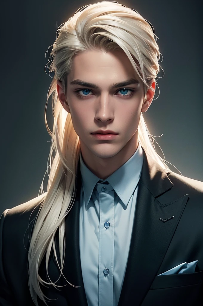 Two men are facing each other. A tall, handsome, statuesque, courageous young man is platinum blond, he has tanned skin, long straight platinum hair, blue eyes, he is dressed in an expensive suit, he is standing in front of another young man, thin, he has long straight platinum hair pulled back in a ponytail, long bangs, green eyes, he is dressed Rocker-style clothes. Different height. Masterpiece, detailed study of the face, beautiful face, beautiful facial features, perfect image, realistic shots, detailed study of faces, full-length image, 8k, detailed image. an extremely detailed illustration, a real masterpiece of the highest quality, with careful drawing.