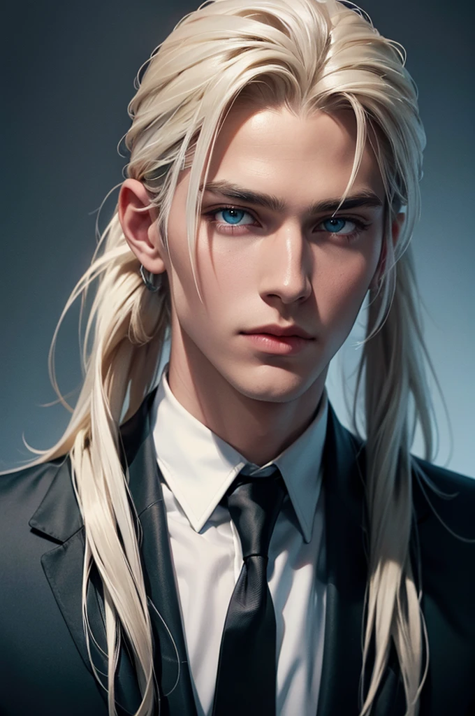 Two men are facing each other. A tall, handsome, statuesque, courageous young man is platinum blond, he has tanned skin, long straight platinum hair, blue eyes, he is dressed in an expensive suit, he is standing in front of another young man, thin, he has long straight platinum hair pulled back in a ponytail, long bangs, green eyes, he is dressed Rocker-style clothes. Different height. Masterpiece, detailed study of the face, beautiful face, beautiful facial features, perfect image, realistic shots, detailed study of faces, full-length image, 8k, detailed image. an extremely detailed illustration, a real masterpiece of the highest quality, with careful drawing.