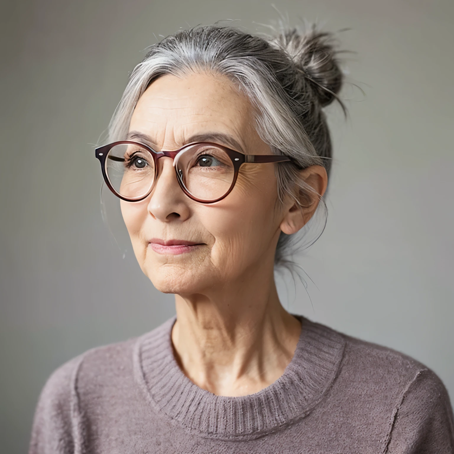 Female in her 60s、Round Glasses、Gray Hair、Bun Hair、the nose is pointed、Slanted Eyes、Shakure、tall、Skinny、Is there such an old lady?