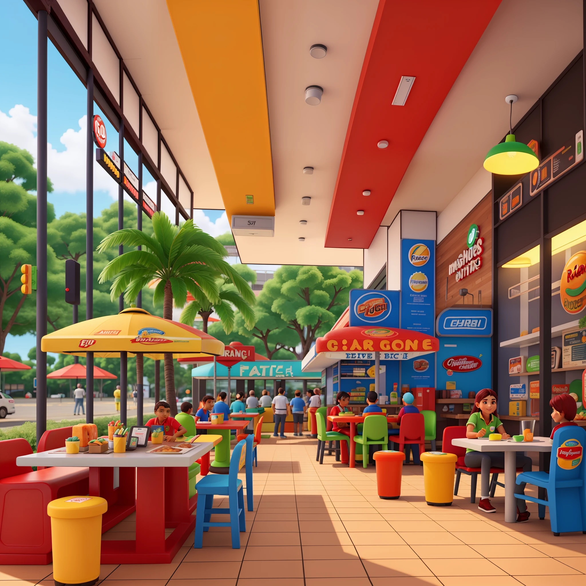  alta qualidade, melhor qualidade, lanchonete, com cores modernas, e ambiente familiar, we sell burgers that are made by a robot , a fachada da loja com o nome Futurburger 