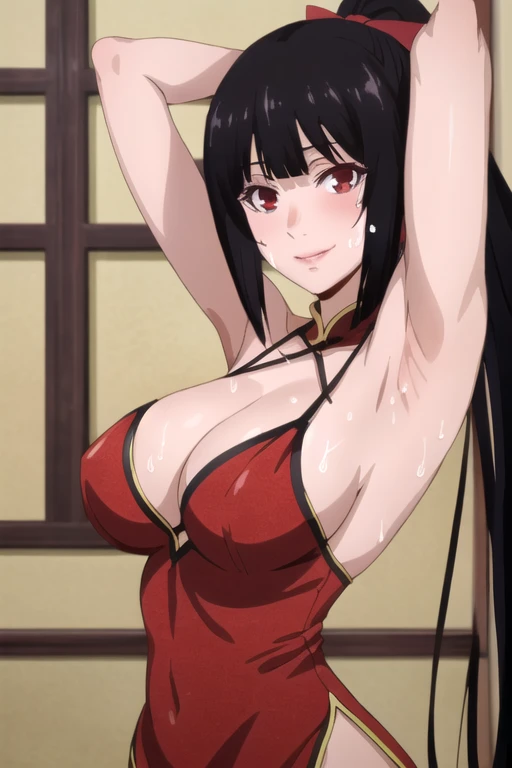 ((best quality)),((highly detailed)),masterpiece,absurdres,detailed face,beautiful face,(detailed eyes, deep eyes),1girl,((dynamic pose)), jabami yumeko, black hair, long hair, solo, red eyes, bow, large breasts, cowboy shot, chinese town, outdoors, seductive smile, looking at viewer, wearing red chinese dress, put your hands behind your head, armpits, armpits visible, sweaty armpits, ponytail