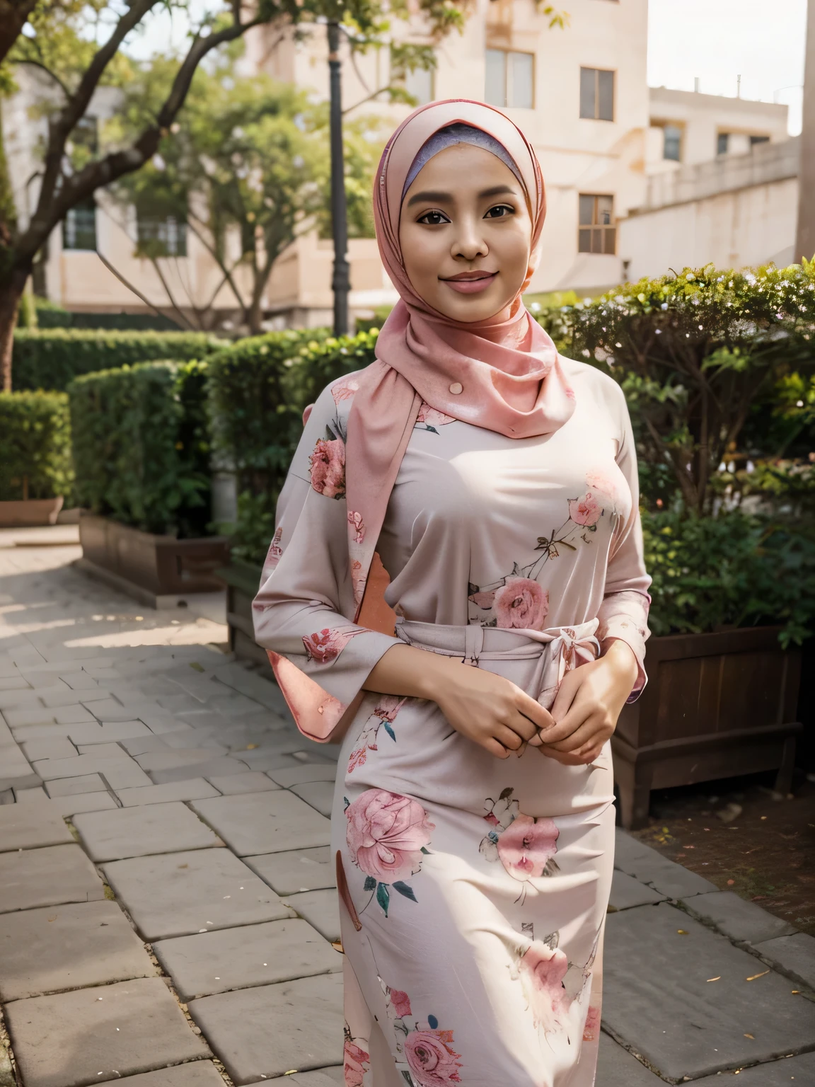 RAW, Best quality, high resolution, masterpiece: 1.3), beautiful malaysian woman in hijab,Masterpiece, perfect curvy body, biggorgeous eyes, Soft smile,muslim woman in a floral dress and hijab posing for a picture, hijab, with lovely look, with beautiful colors, with accurate face, pose 4 of 1 6, traditional beauty, batik, wearing beautiful clothes, beutifull, with beautiful exotic, attractive pose, cute pose, peach and goma style, scarf, wearing pink floral chiton, very attractive , she is smiling,Delicate turtleneck, necklace, shairband, afternoon walk, City garden, Excellent lighting, Bright colors, Clean lines