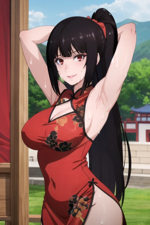 ((best quality)),((highly detailed)),masterpiece,absurdres,detailed face,beautiful face,(detailed eyes, deep eyes),1girl,((dynamic pose)), jabami yumeko, black hair, long hair, solo, red eyes, bow, large breasts, cowboy shot, chinese town, outdoors, seductive smile, looking at viewer, wearing red chinese dress, put your hands behind your head, armpits, armpits visible, sweaty armpits, ponytail