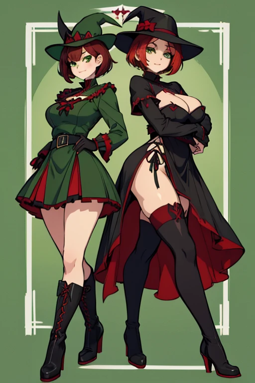 female, green short hair, green eyes, (((1girl))), (((red gothic dress with green trim))), (black fingerless gloves), (red witch's hat with black trim), (black belt), (white stockings), (brown boots), cute and sexy, full body, modest breasts, modest butt, long legs, smiling